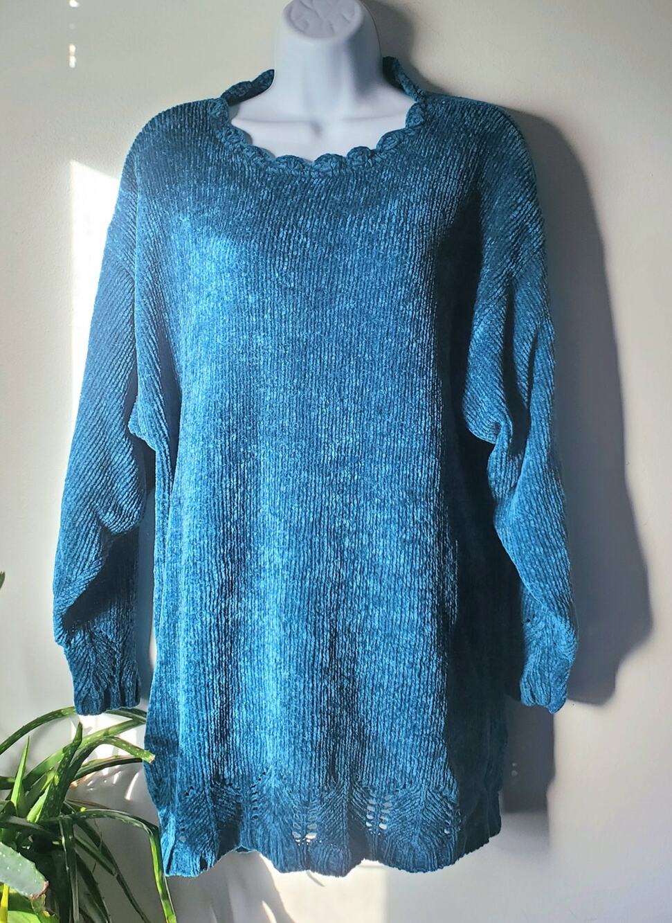 Northern Reflections Blue Teal Chenille Tunic Sweater Size Medium Granny Cozy